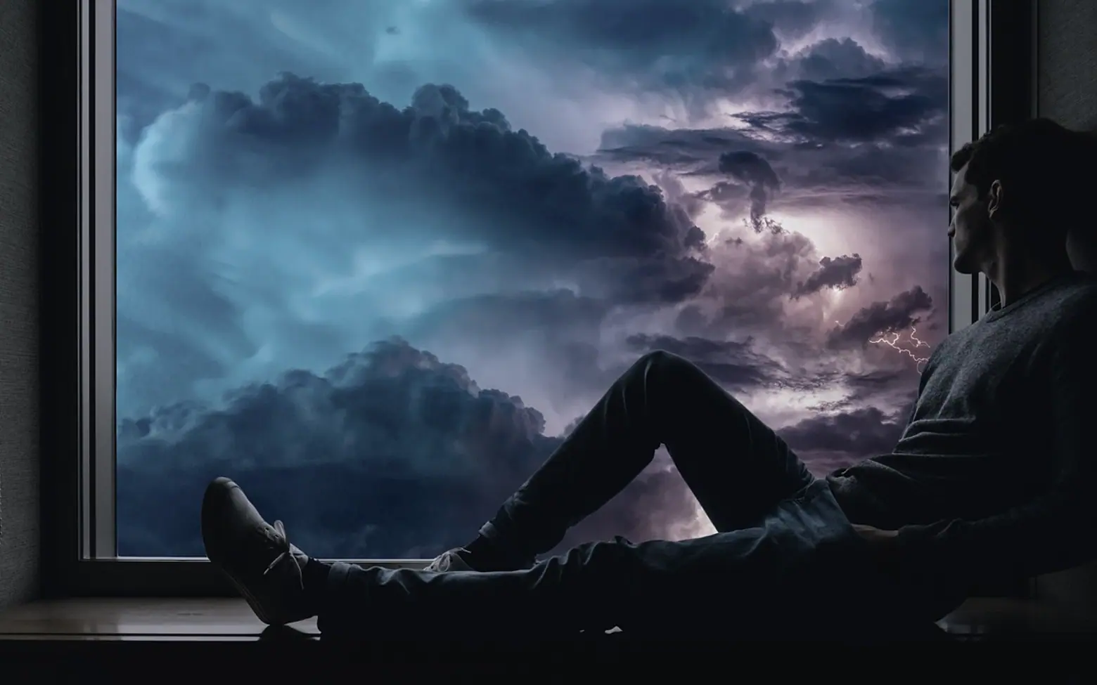 Man, window and clouds